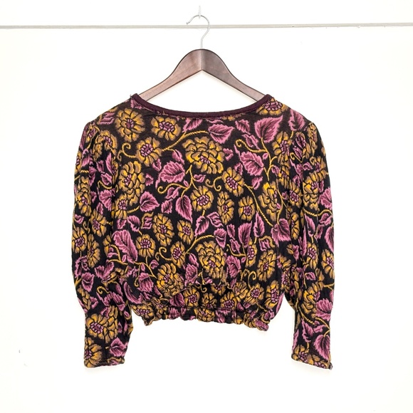 Free People Tops - Free People Boho Tapestry Floral Puff Sleeve 100% Cotton Purple Gold Black Sz Sm